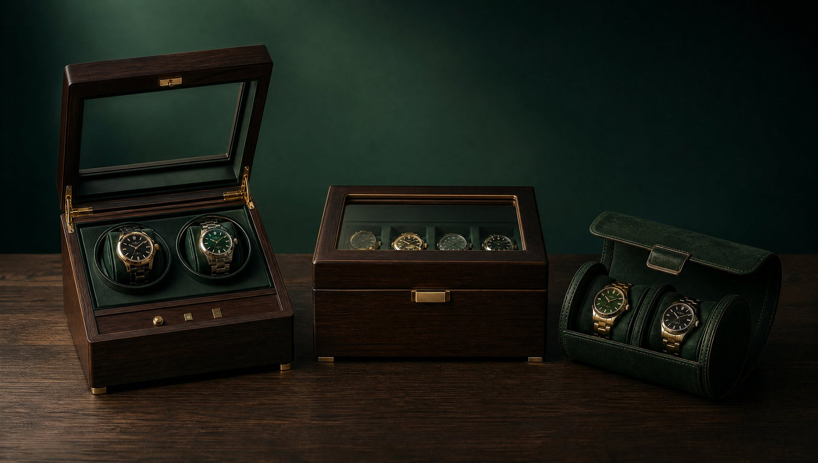 Les trois familles côte à côte : remontoir deux montres ouvert, coffret vitré quatre montres, étui de voyage roulé en cuir vert
