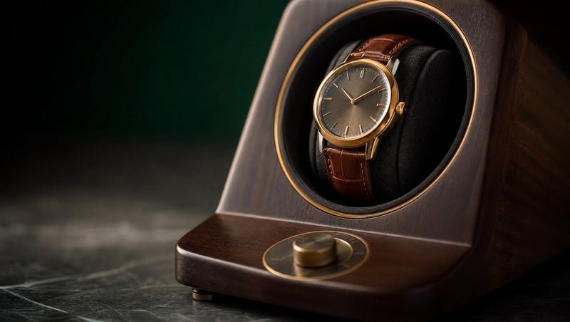 Remontoir une montre en bois sombre, montre dorée à bracelet cuir brun sur le coussin, molette de réglage en laiton sur la base