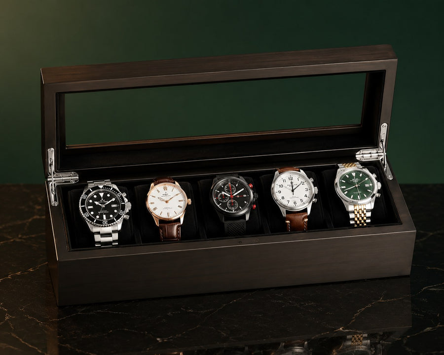 Coffret Bambouroy 5 montres, finition noyer — vue des emplacements