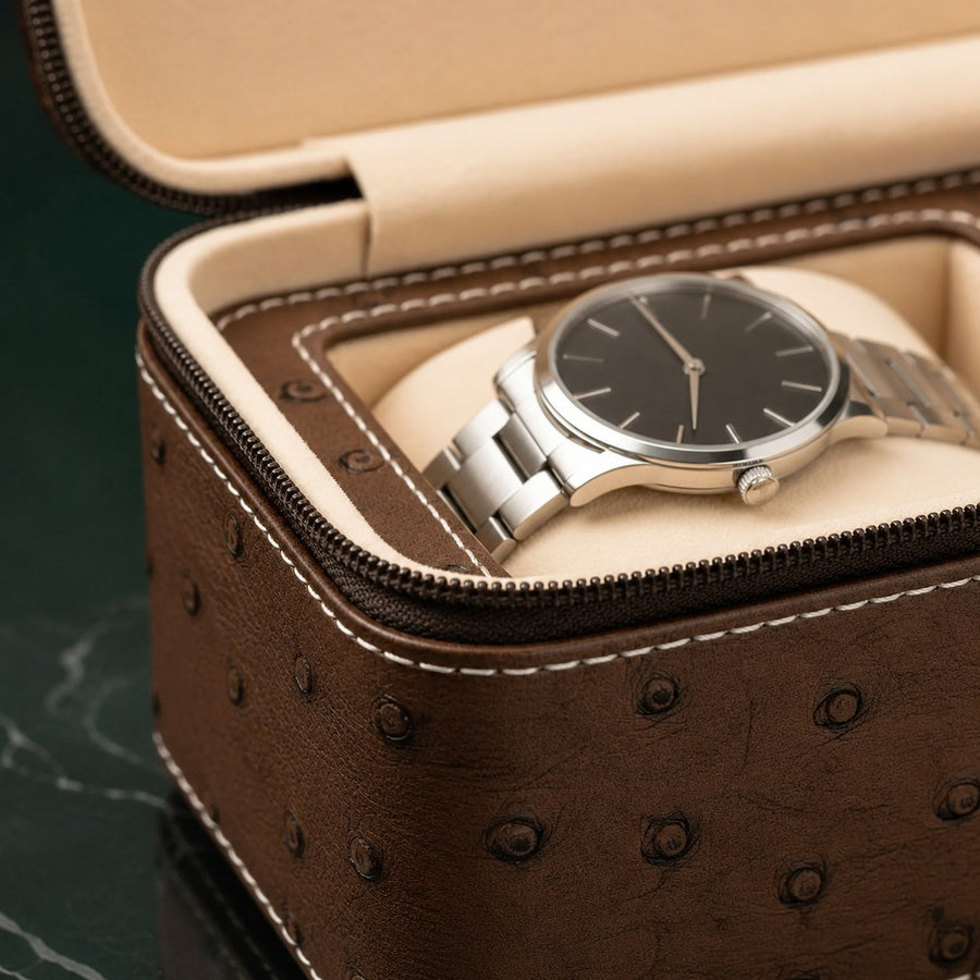Coffret Mocaccino 2 montres, finition cacao — détail de la finition