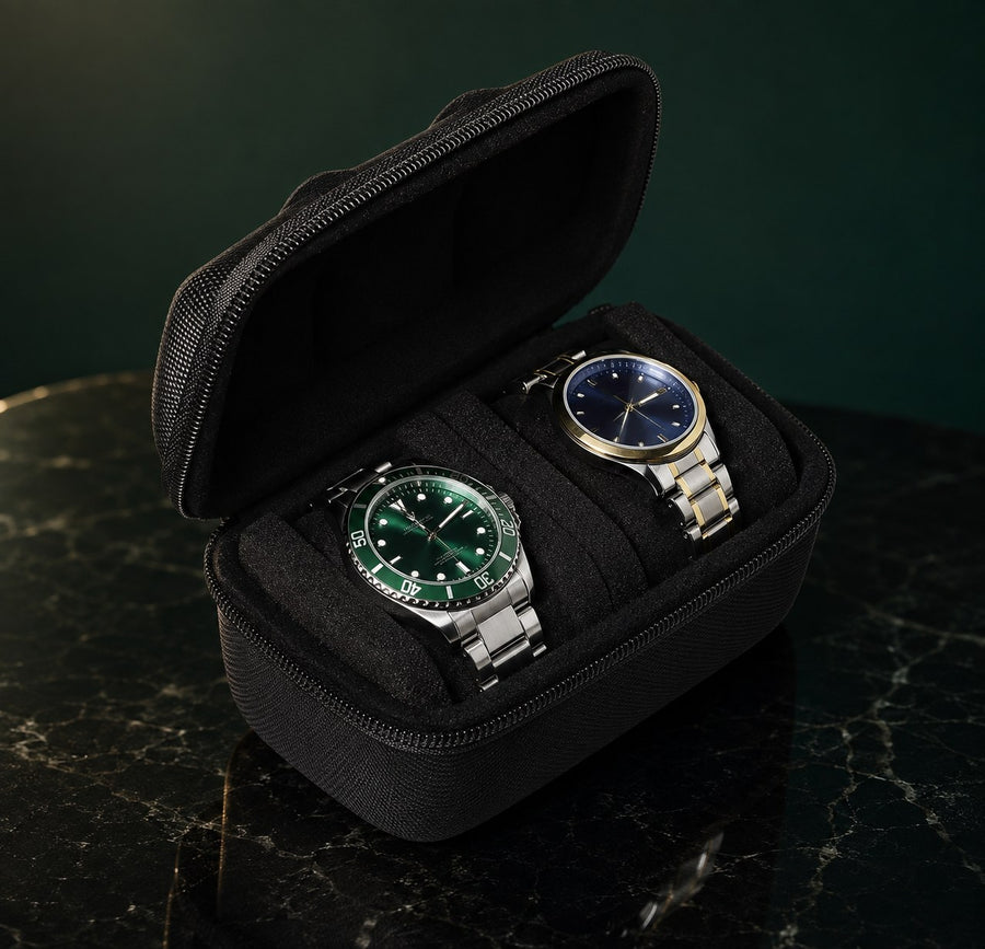 Coffret Nuitcobalt 2 montres, finition noir — vue des emplacements