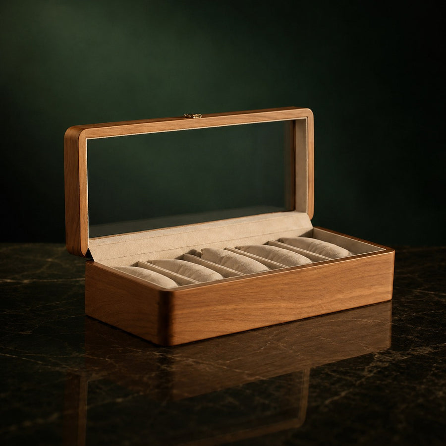 Coffret Racine 5 montres, finition teck — vue d’ensemble