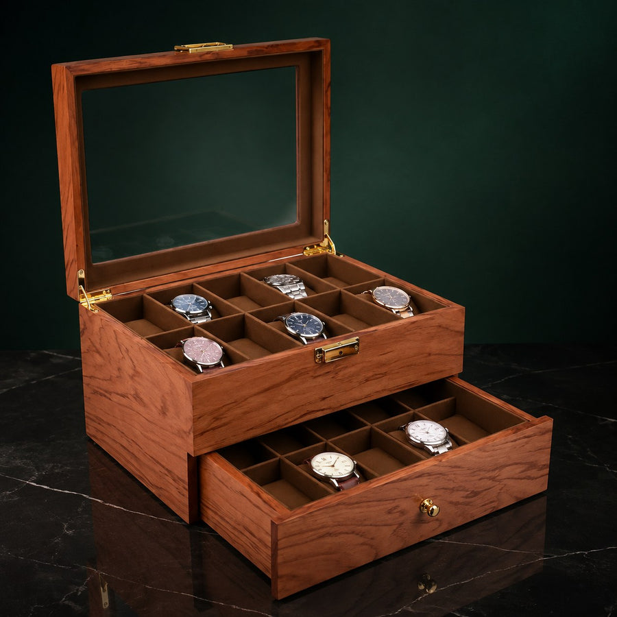 Coffret Teckonia 20 montres, finition chêne — vue des emplacements