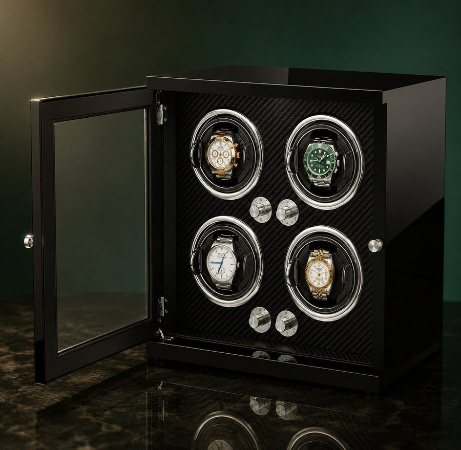 Remontoir Ligneul 4 montres, finition carbone — vue des emplacements